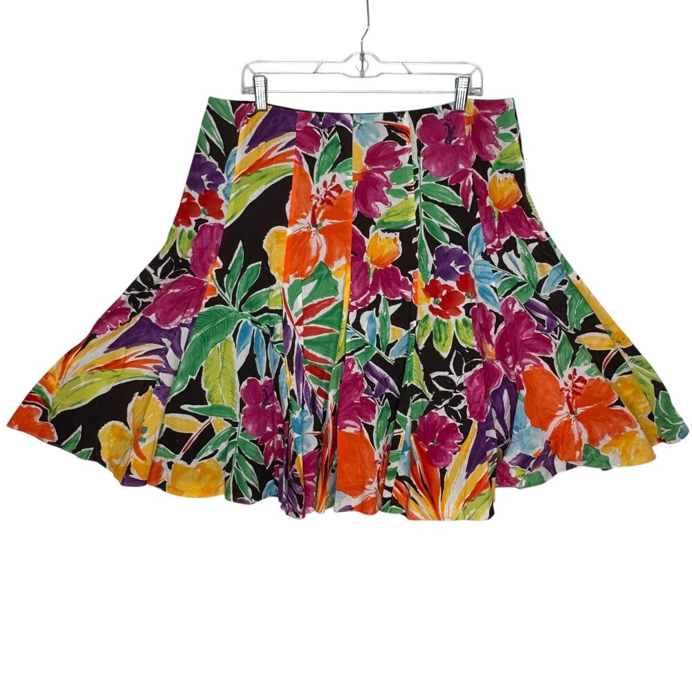 Lauren Ralph Lauren 2000s Floral Cotton Pleated Skirt Black Multicolor Size 14 - Picture 2 of 14